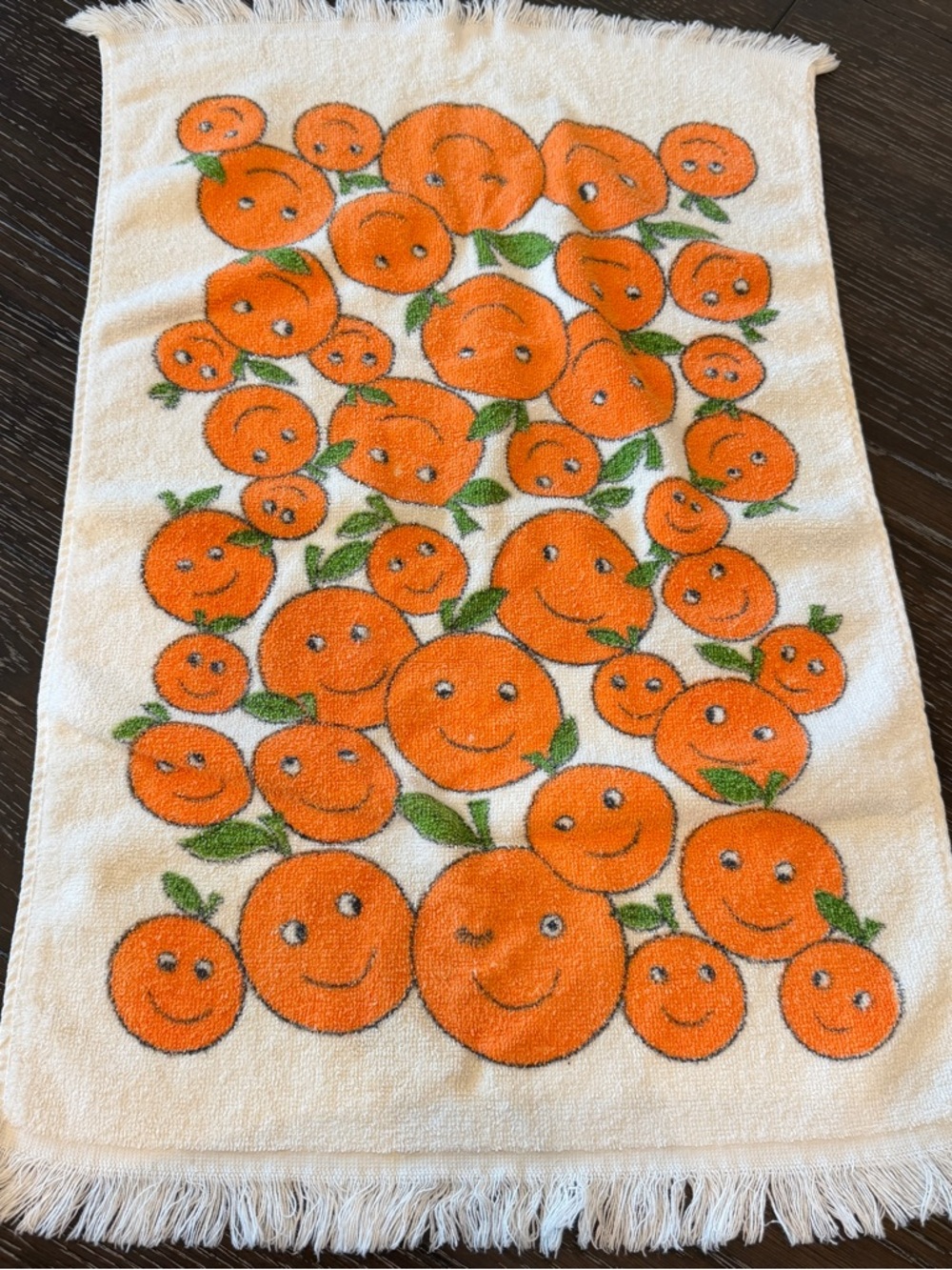 Vintage 60s 70s Retro Smiling Oranges Hand Towel Groovy Happy Citrus Faces